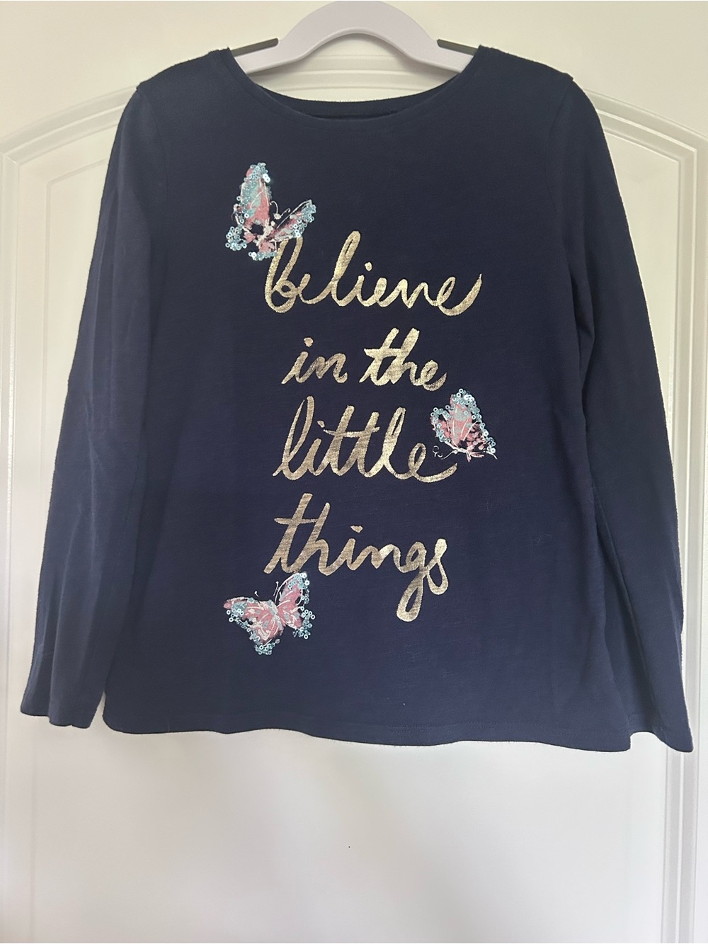 Sonoma Navy Long Sleeve Tee with Gold Script and Pink Butterfly Accents